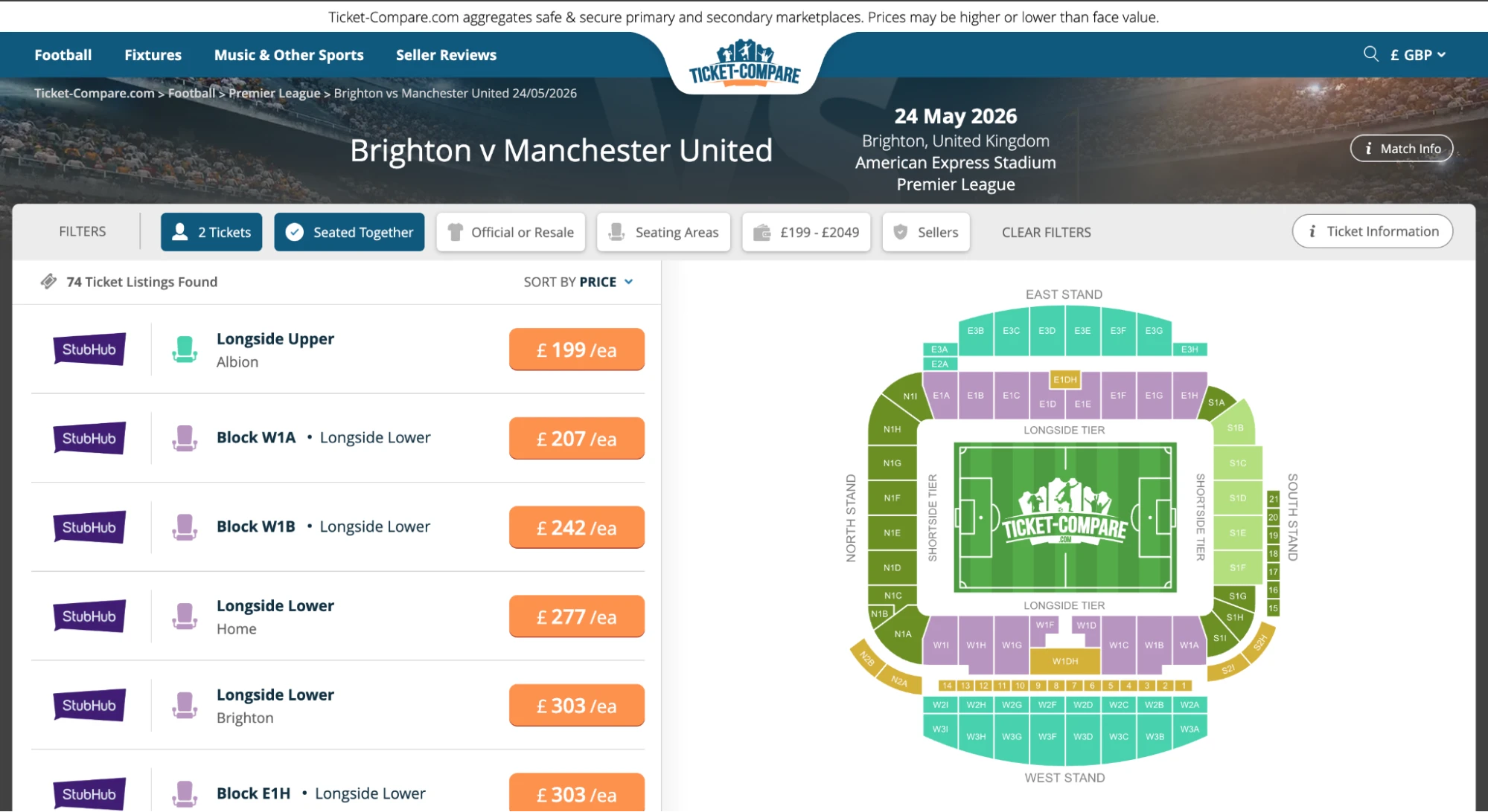 Screenshot of Brighton v Manchester United tickets page on Ticket-Compare.com