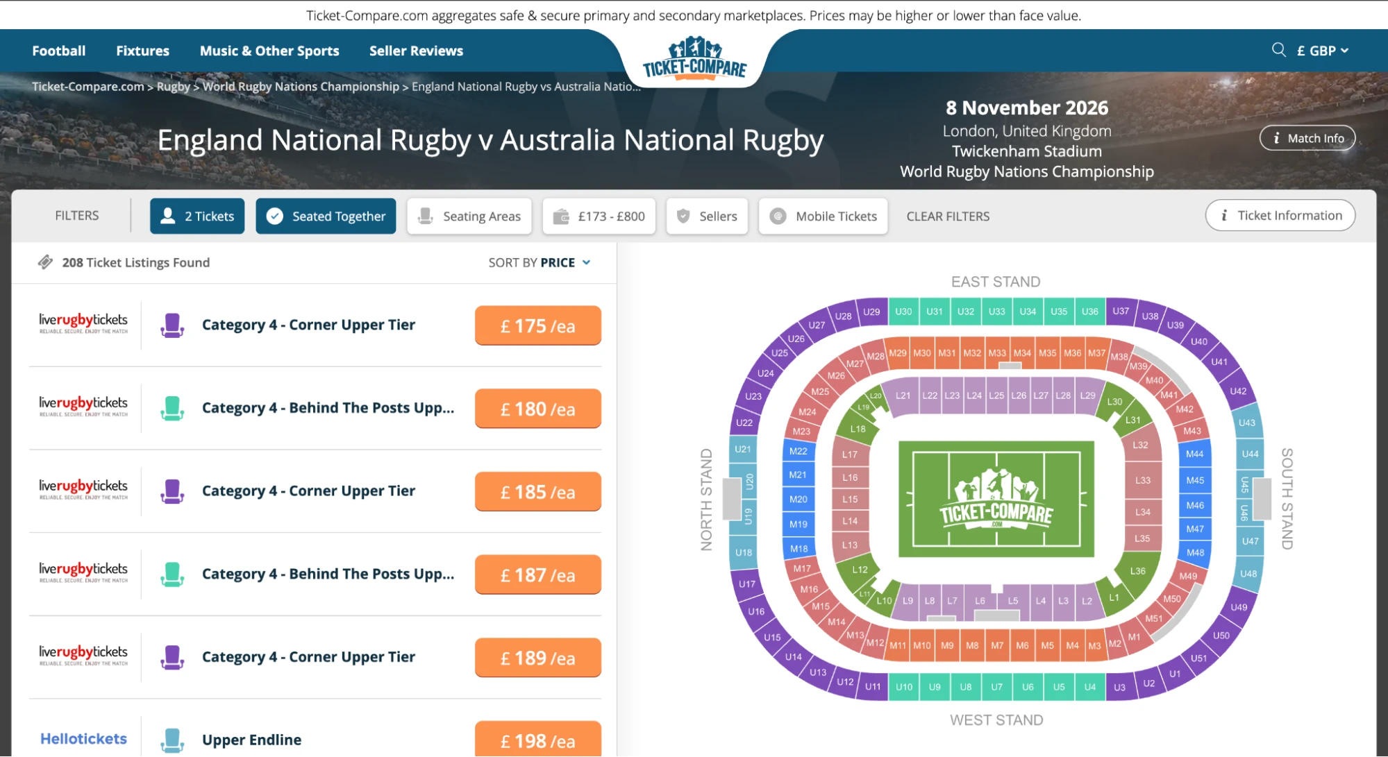 Screenshot of England National Rugby v Australia National Rugby tickets page on Ticket-Compare.com