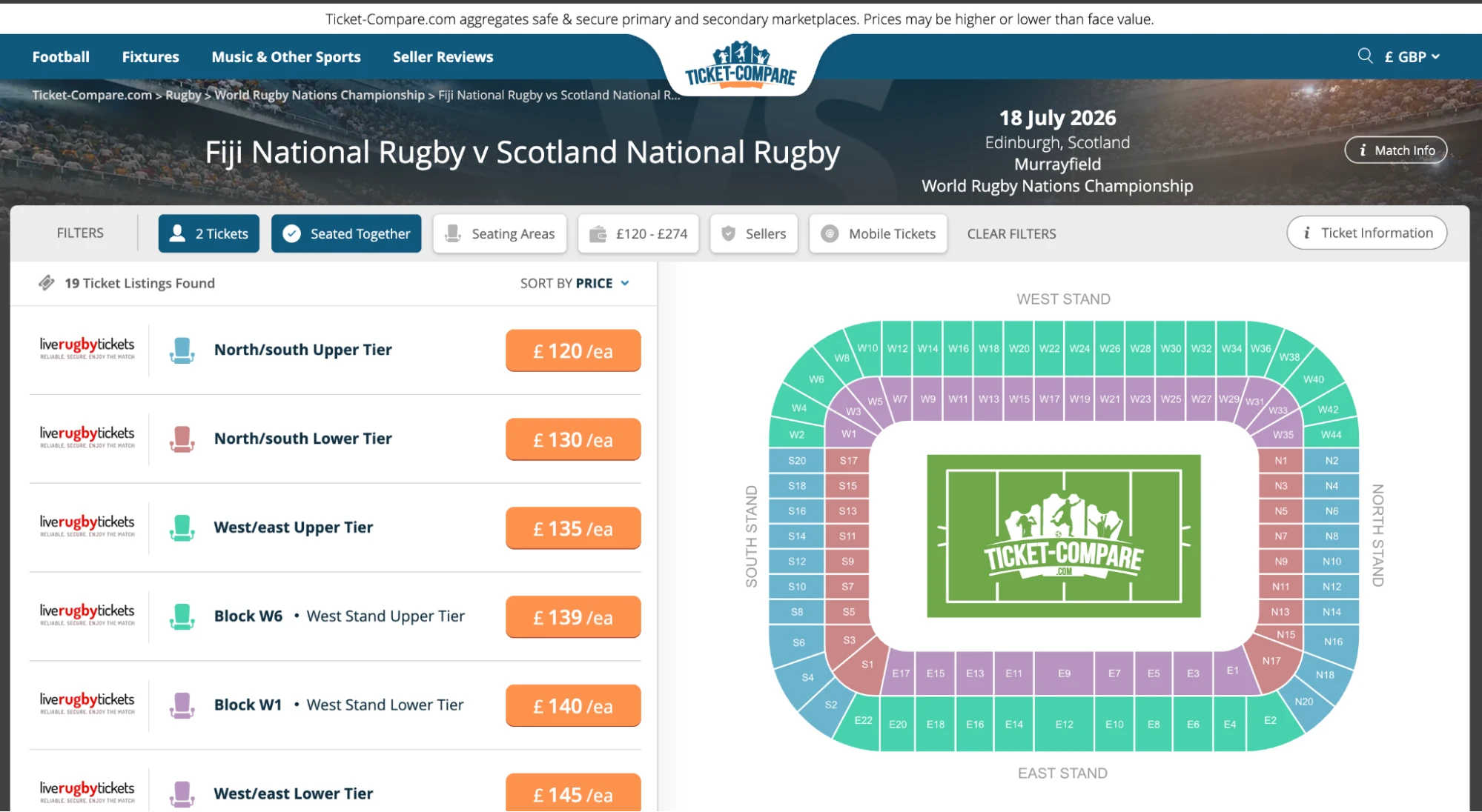 Screenshot of Fiji National Rugby v Scotland National Rugby tickets page on Ticket-Compare.com