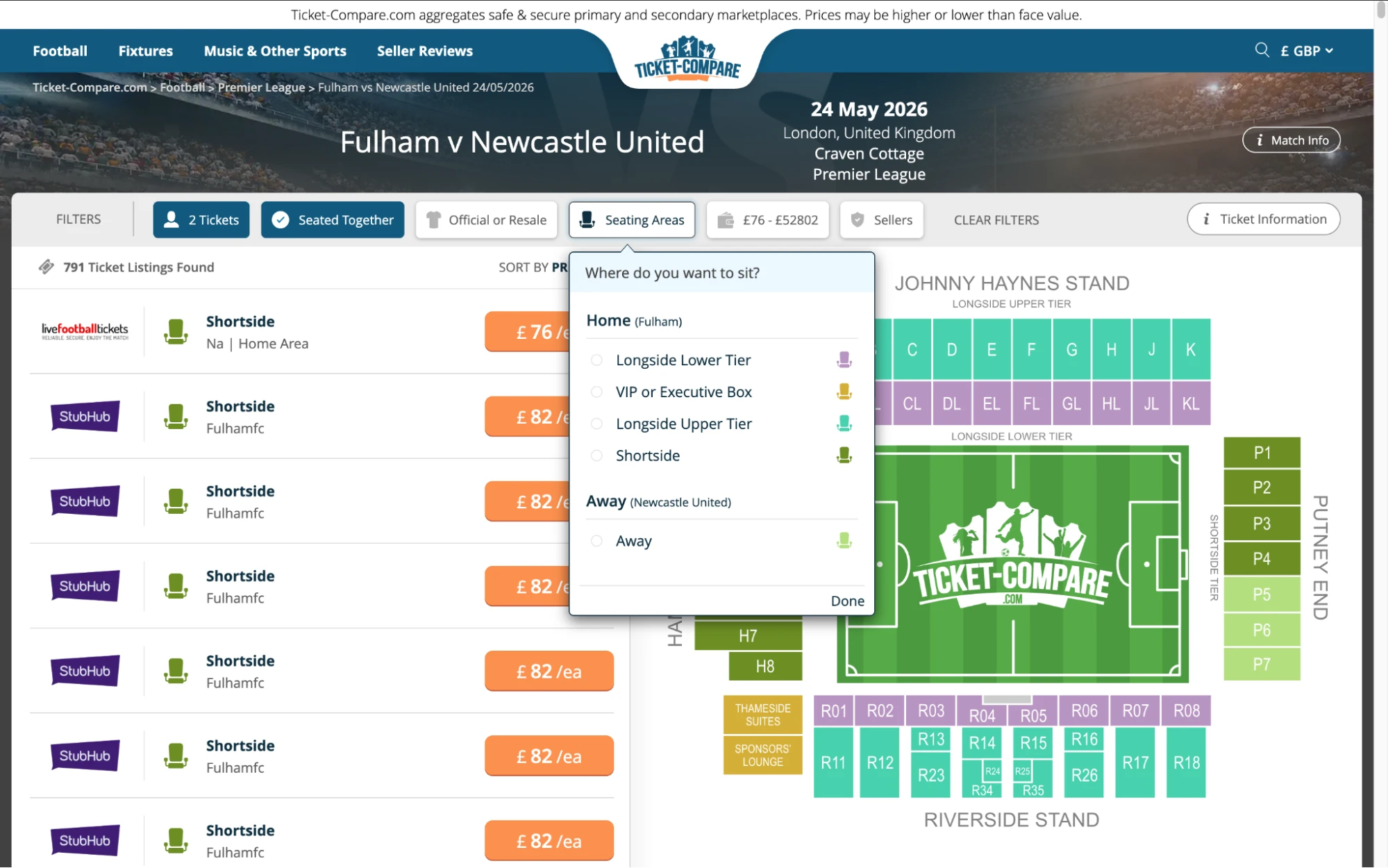 Screenshot of Fulham v Newcastle United tickets page on Ticket-Compare.com