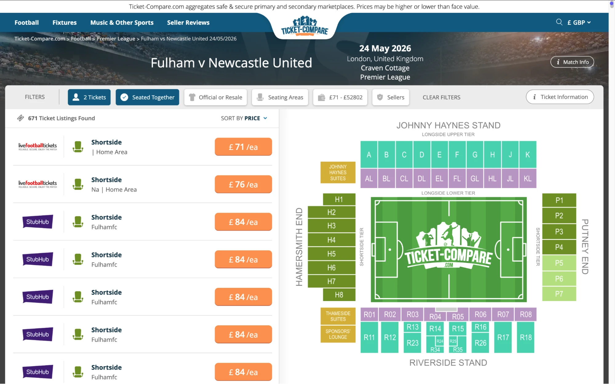 Screenshot of Fulham v Newcastle United tickets page on Ticket-Compare.com