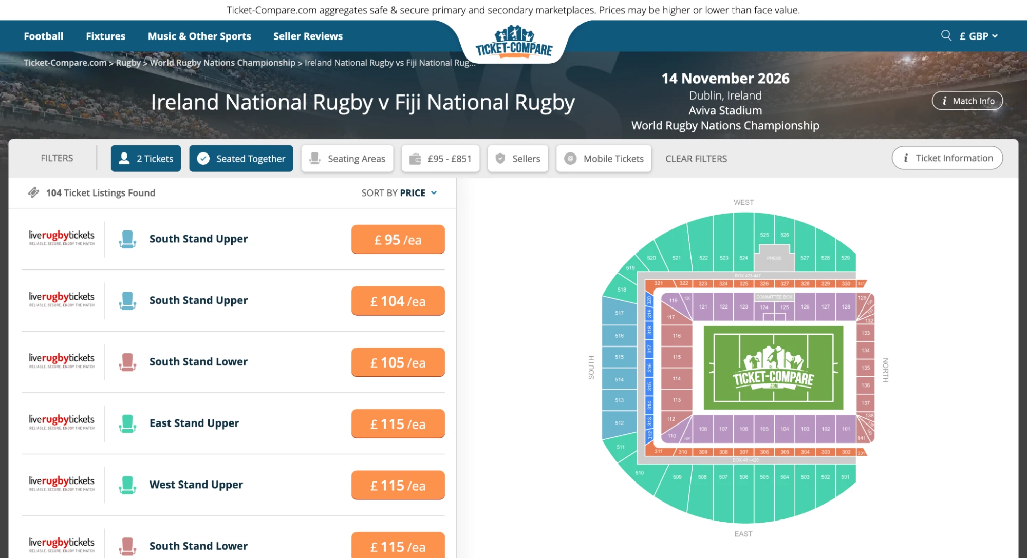 Screenshot of Ireland National Rugby v Fiji National Rugby tickets page on Ticket-Compare.com