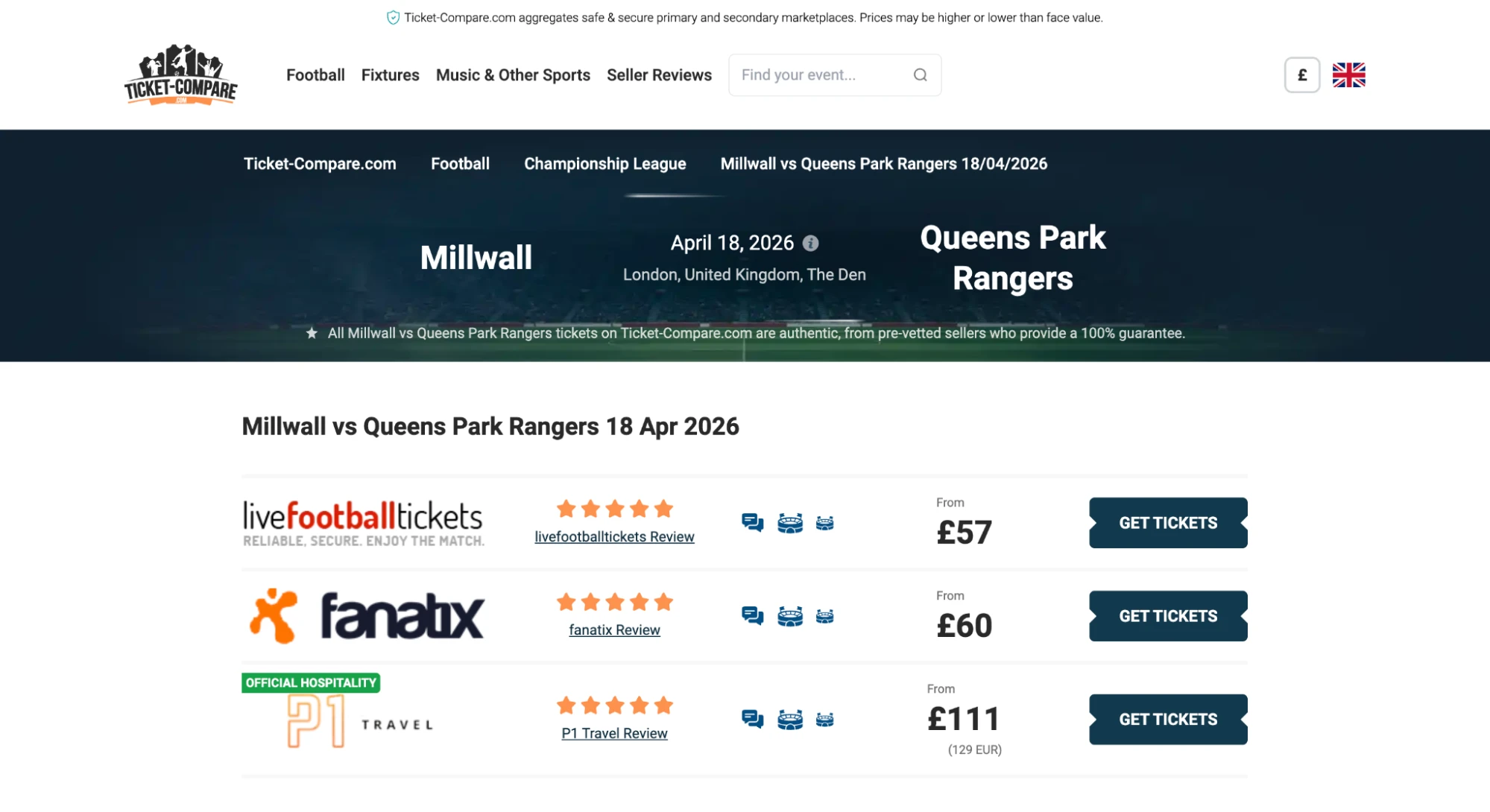 Screenshot of Millwall v Queens Park Rangers tickets page on Ticket-Compare.com