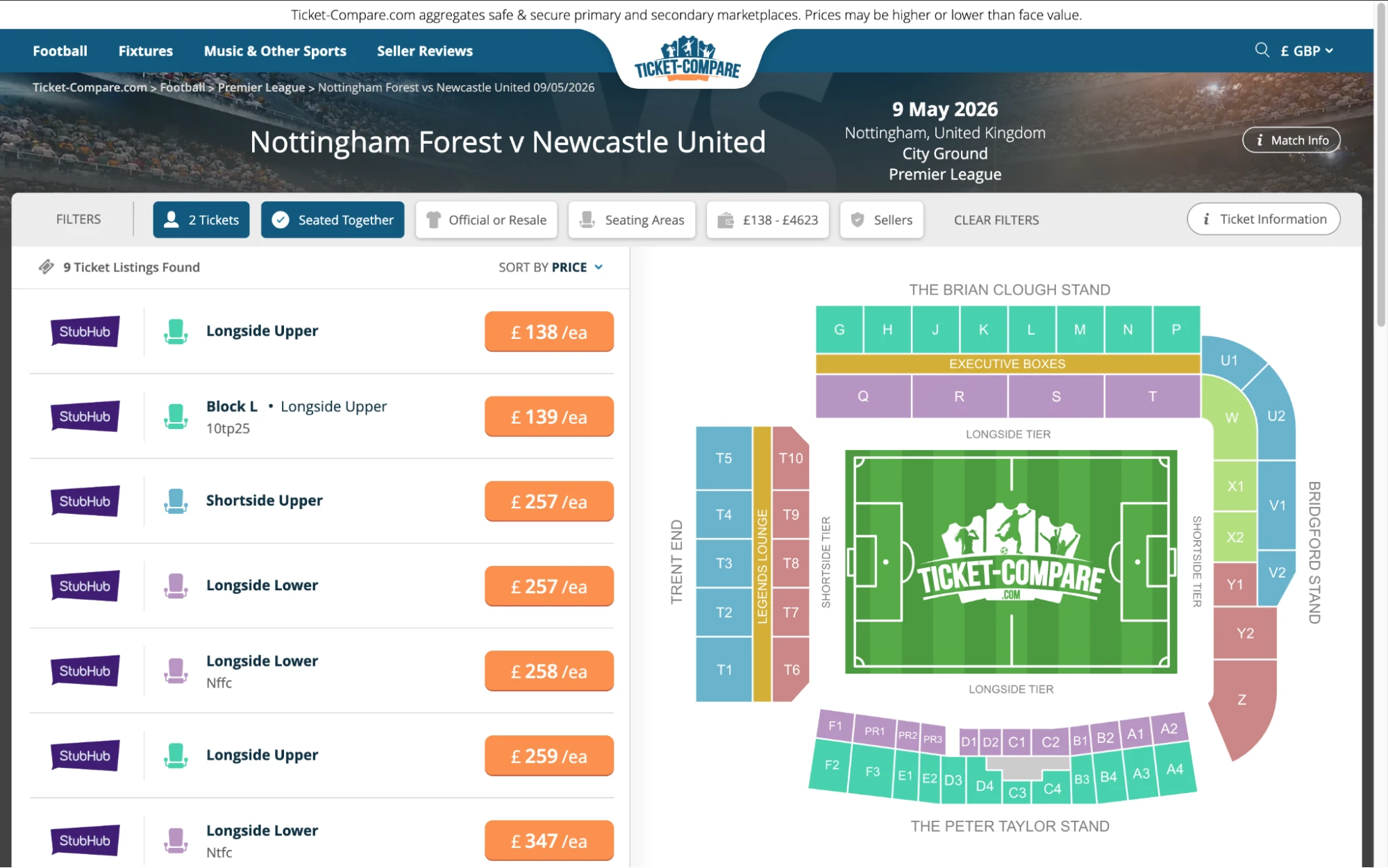 Screenshot of Nottinham Forest v Newcastle United tickets page on Ticket-Compare.com