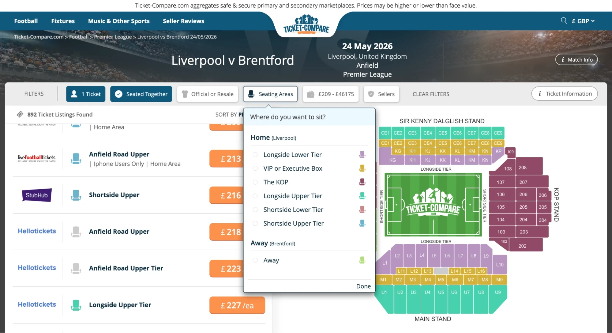 Screenshot of Seating Areas option on Brentford v Crystal Palace tickets page on Ticket-Compare.com