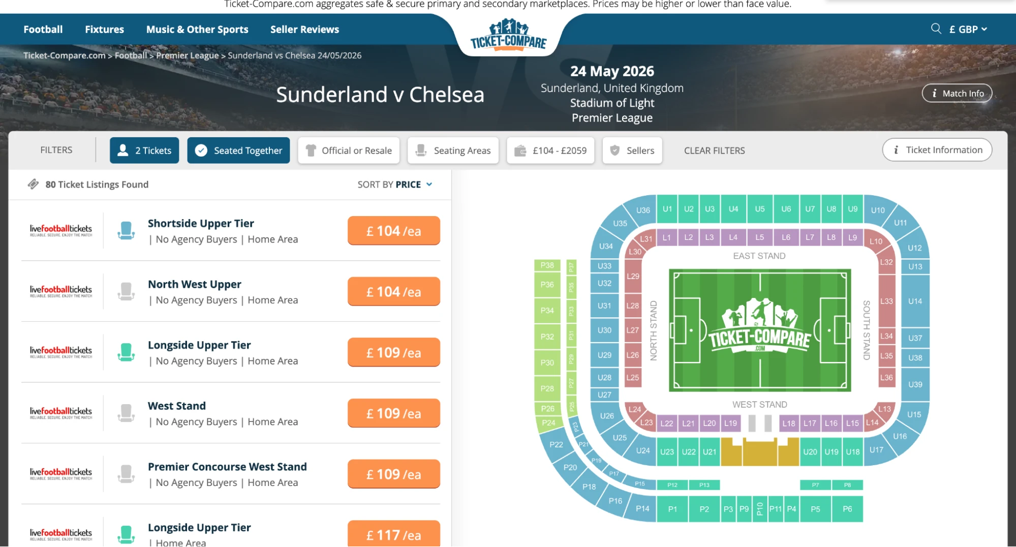 Screenshot of Sunderland v Chelsea tickets page on Ticket-Compare.com
