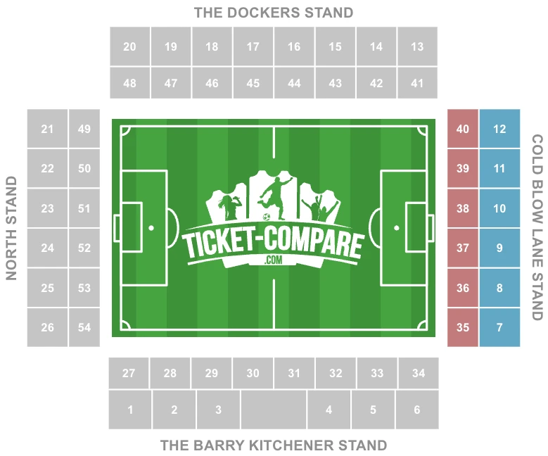 Screenshot of The Den Stadium Seating plan with the Cold Blow Lane Stand Highlighted