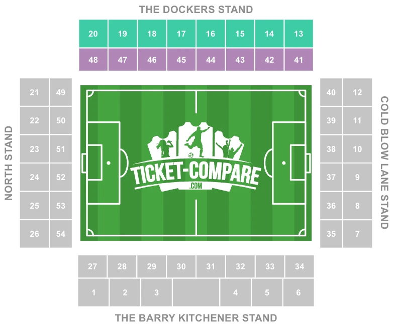 Screenshot of The Den Stadium Seating plan with the Dockers Stand Highlighted
