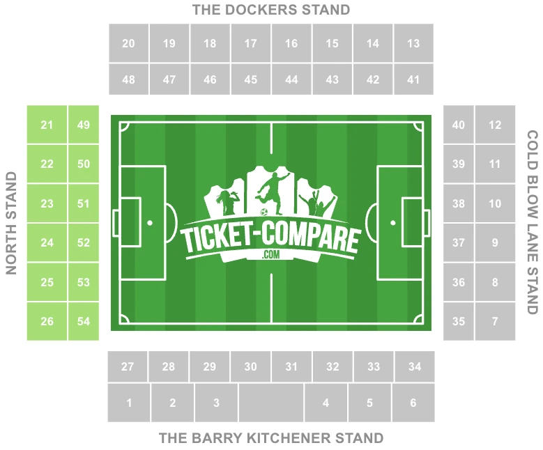 Screenshot of The Den Stadium Seating plan with the North Stand Highlighted