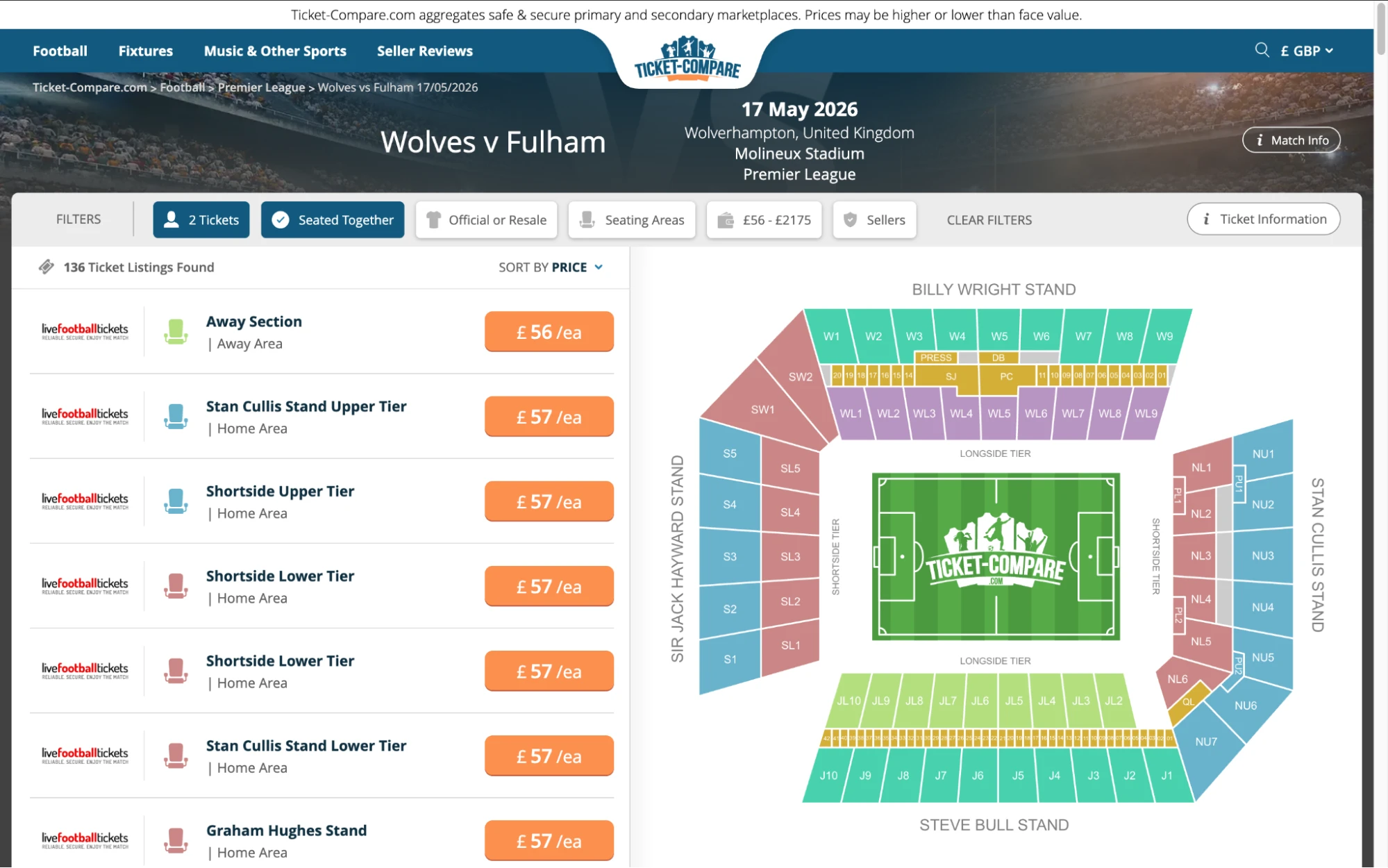 Screenshot of Wolves v Fulham tickets page on Ticket-Compare.com