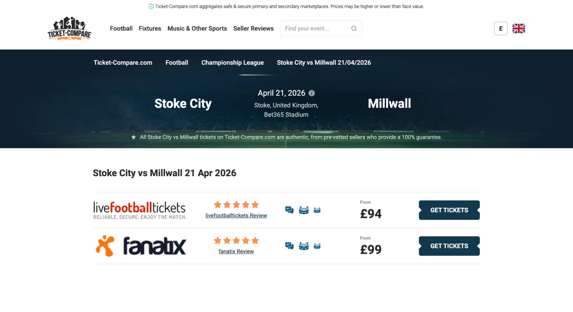 screenshot of Stoke City v Millwall tickets on ticket-compare.com