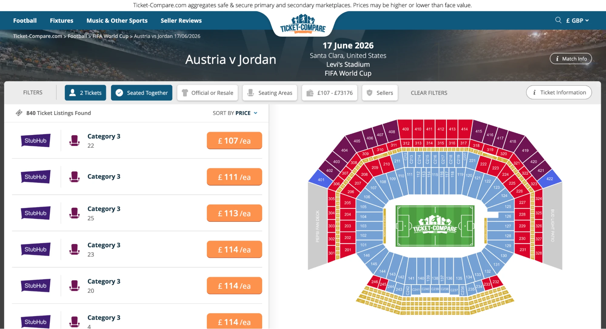 Screenshot of Austria v Jordan tickets page on Ticket-Compare.com