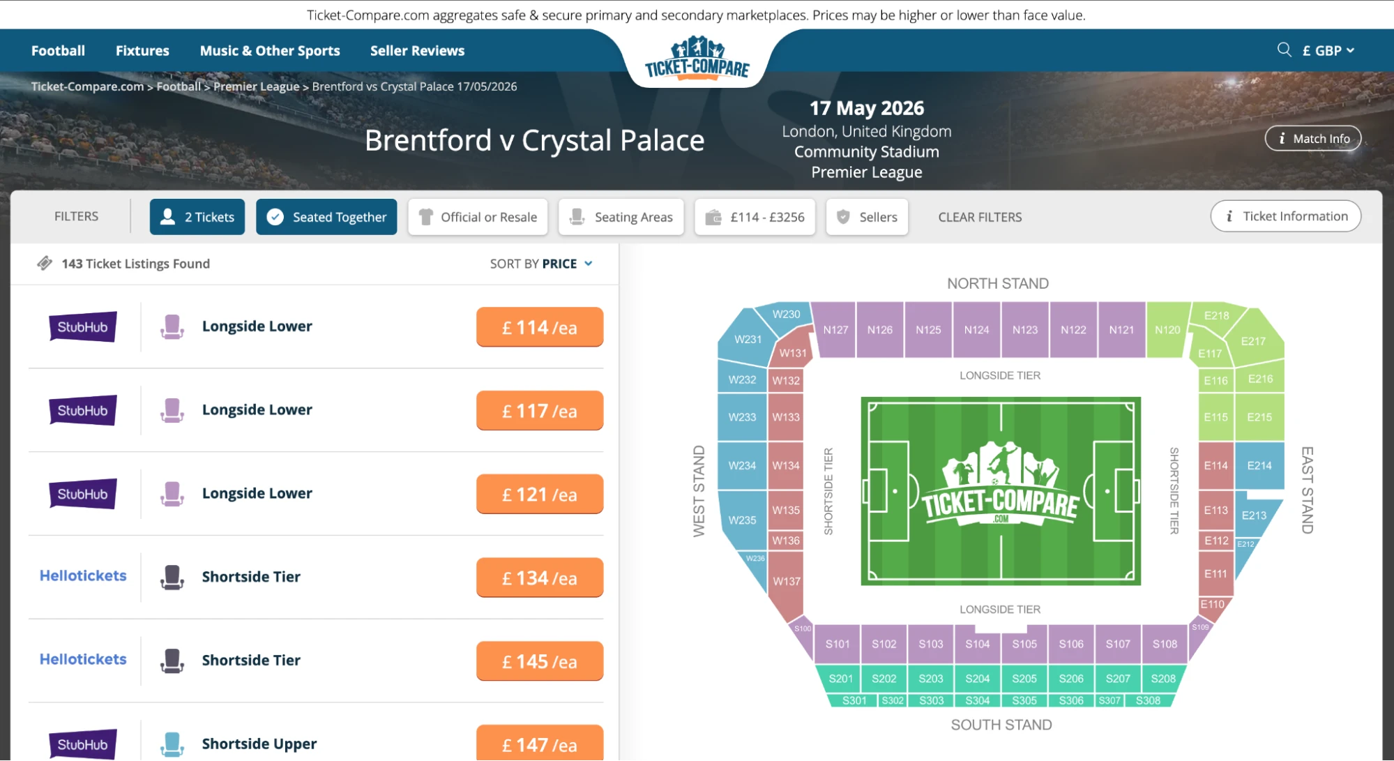 Screenshot of Brentford v Crystal Palace tickets page on Ticket-Compare.com