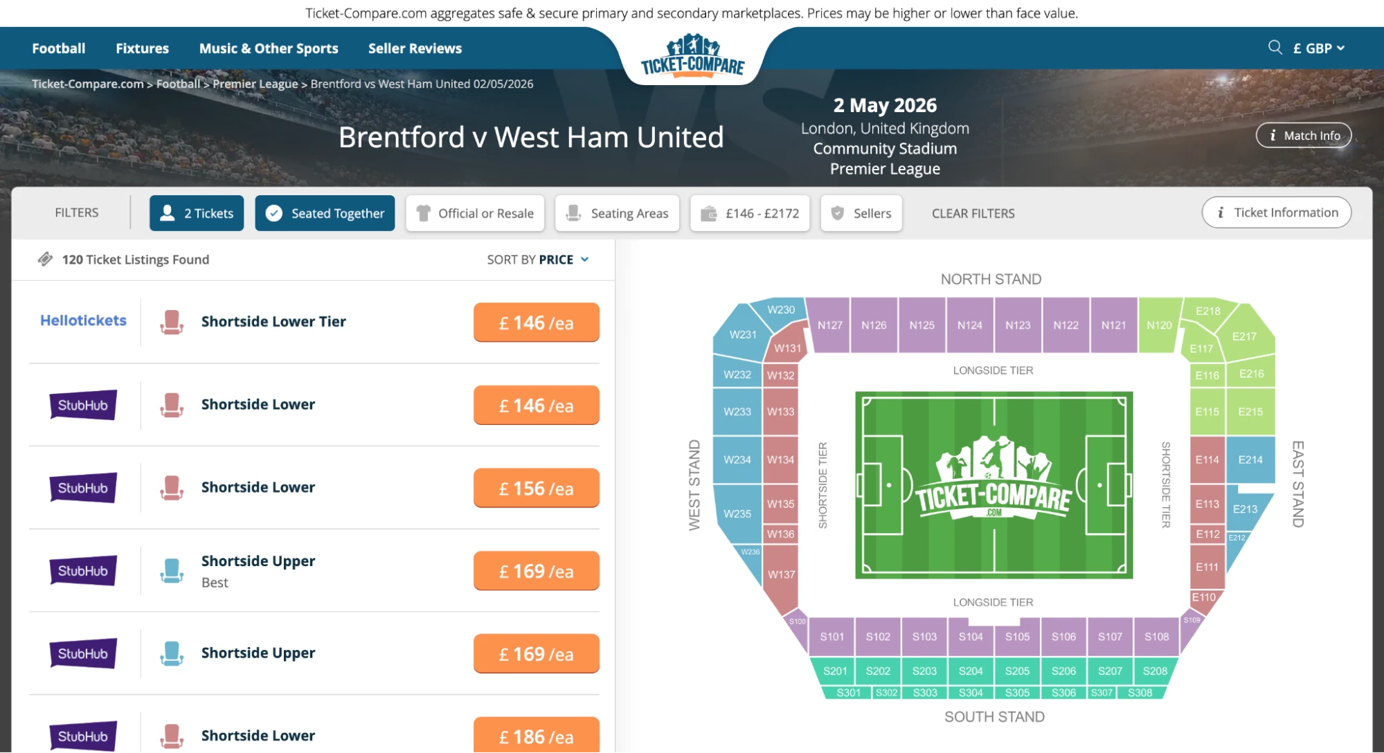 Screenshot of Brentford v West Ham United tickets page on Ticket-Compare.com