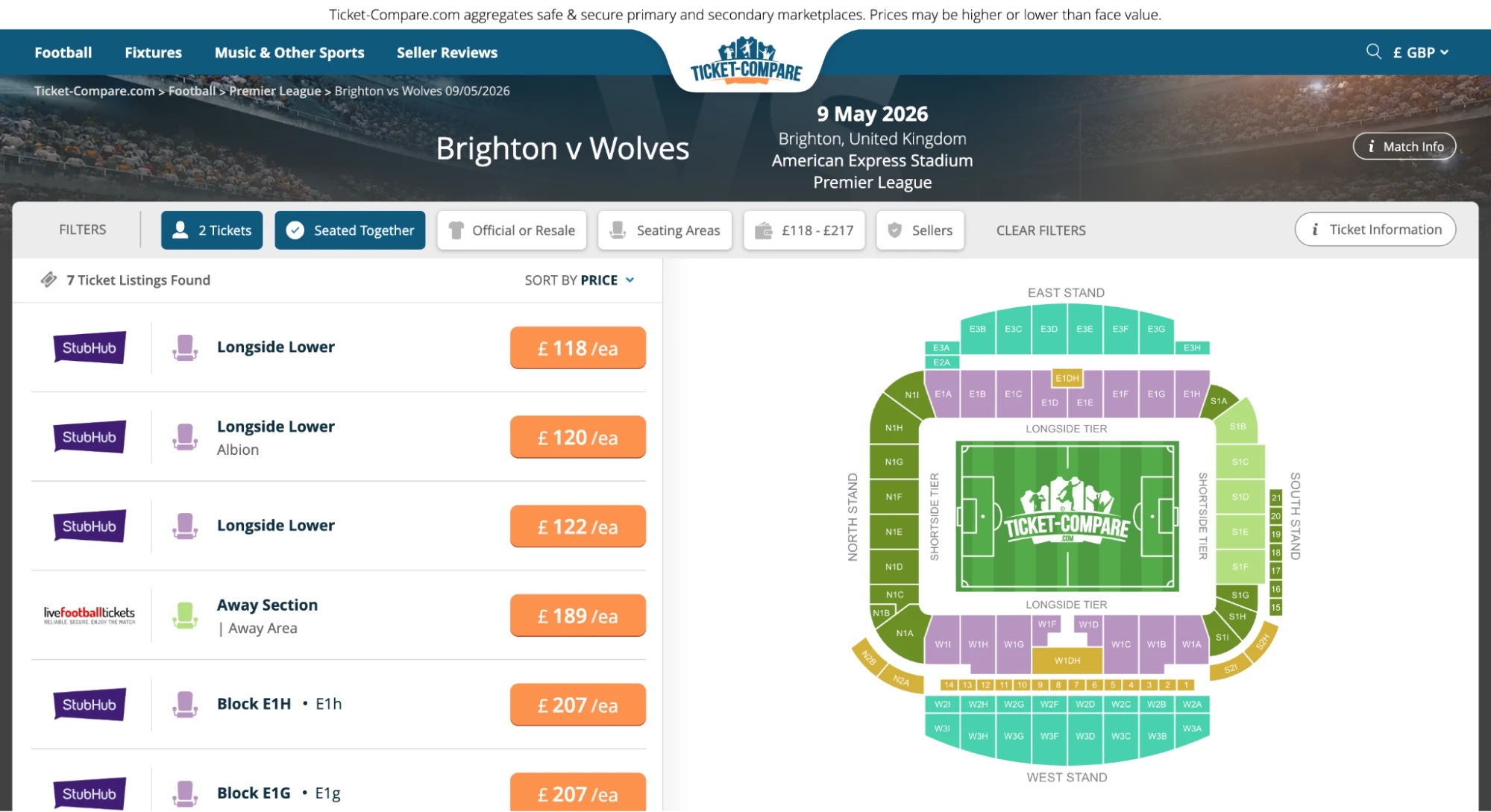 Screenshot of Brighton v Wolves tickets page on Ticket-Compare.com