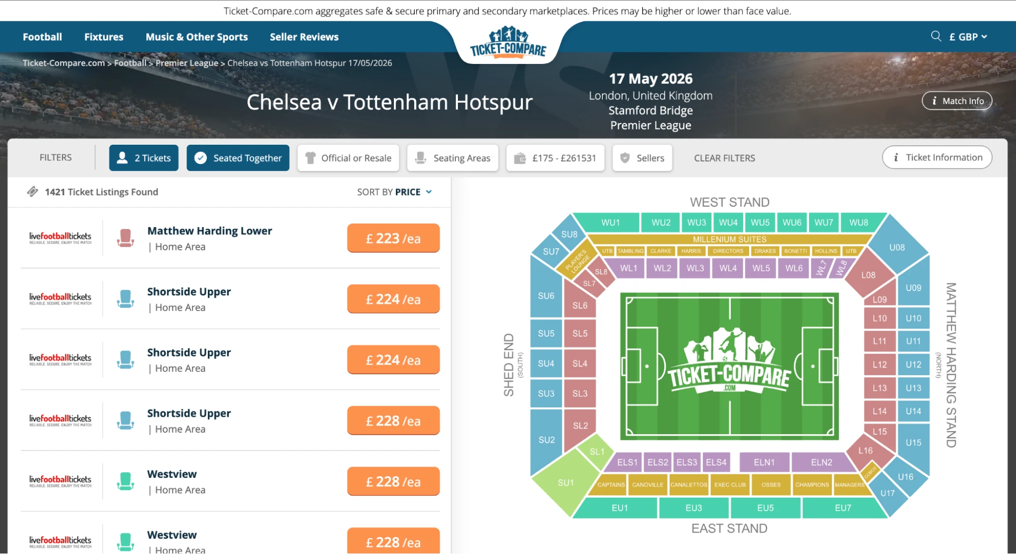 Screenshot of Chelsea v Tottenham Hotspur tickets page on Ticket-Compare.com