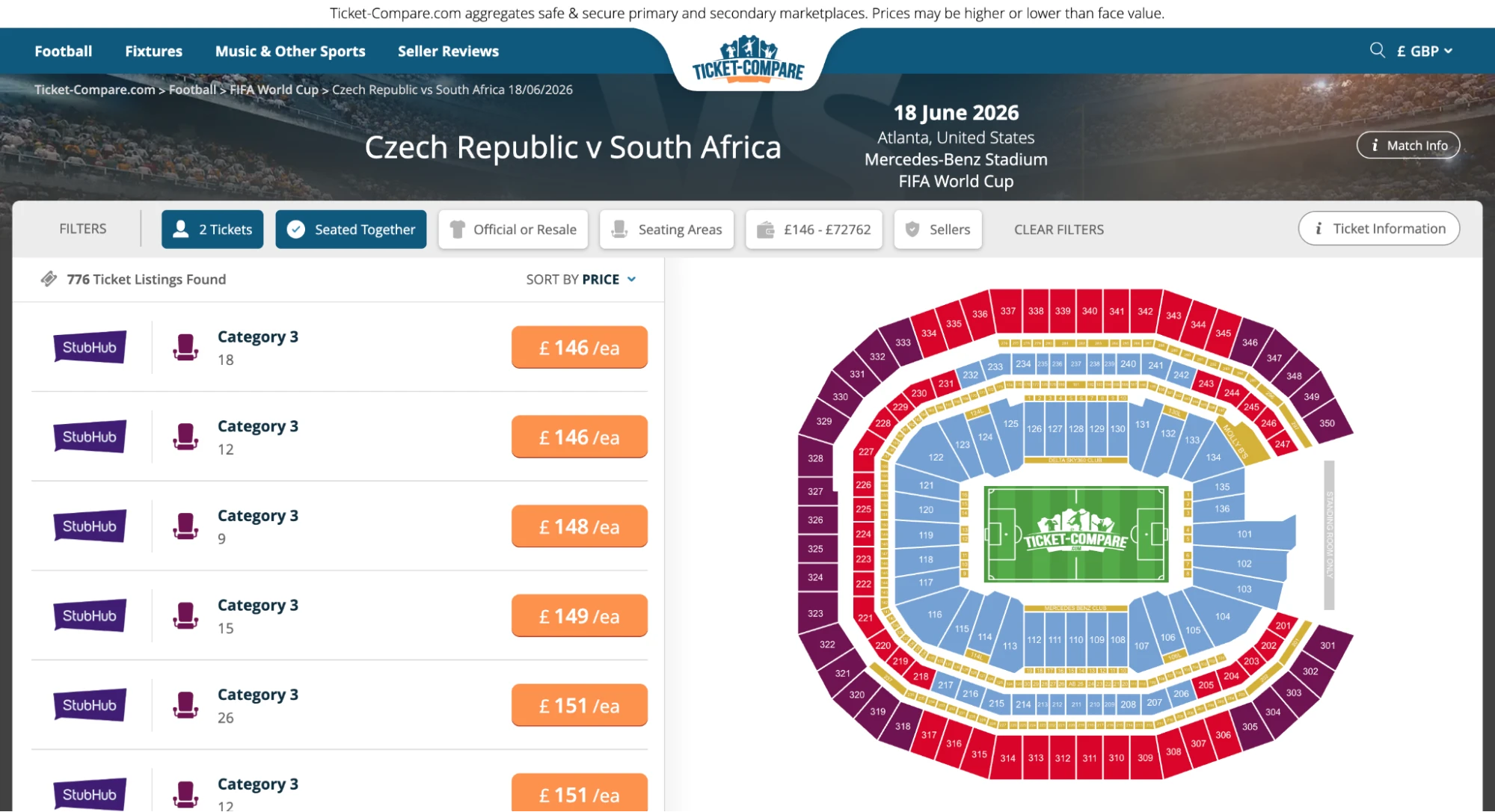 Screenshot of Czech Republic v South Africa tickets page on Ticket-Compare.com