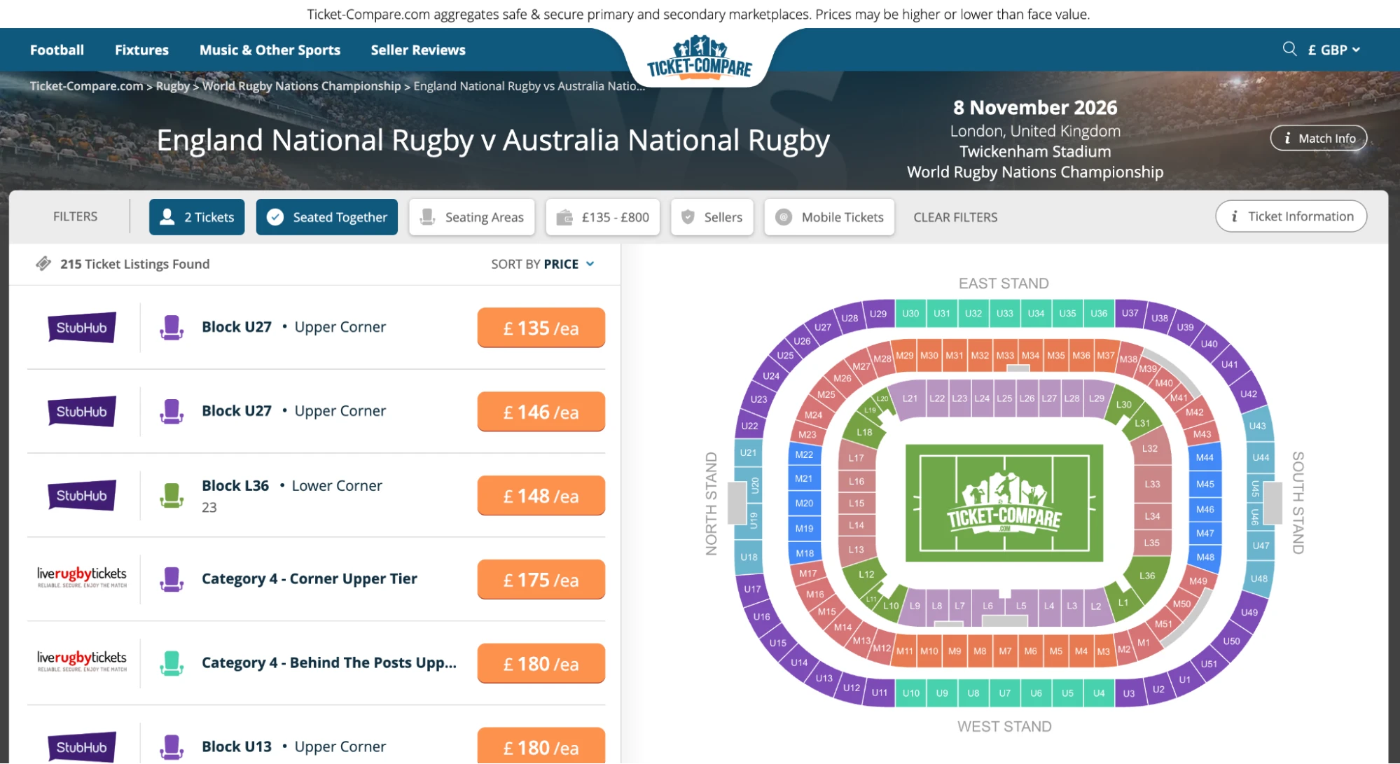 Screenshot of England National Rugby v Australia National Rugby tickets page on Ticket-Compare.com