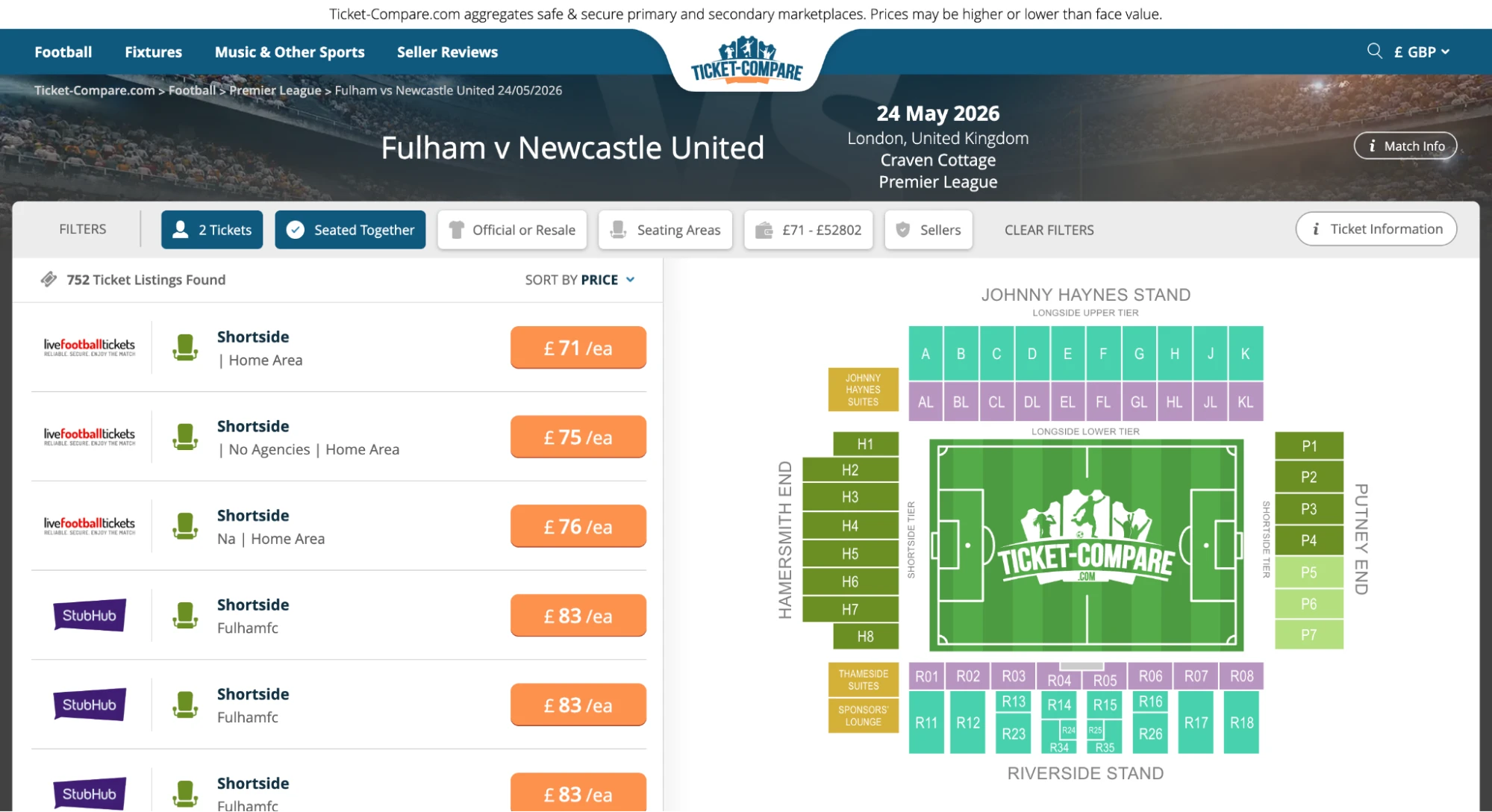 Screenshot of Fulham v Newcastle Untited tickets page on Ticket-Compare.com