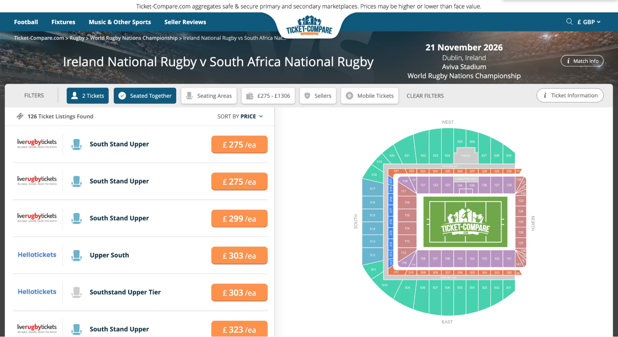 Screenshot of Ireland National Rugby v South Africa National Rugby tickets page on Ticket-Compare.com