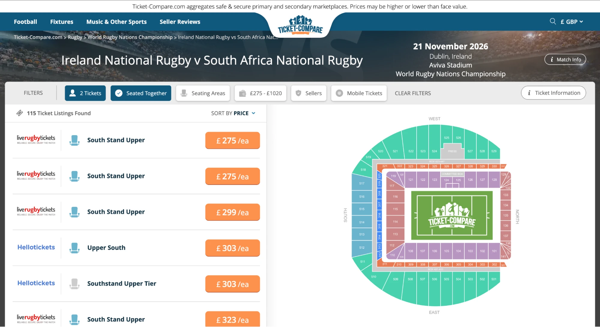Screenshot of Ireland National Rugby v South Africa National Rugby tickets page on Ticket-Compare.com