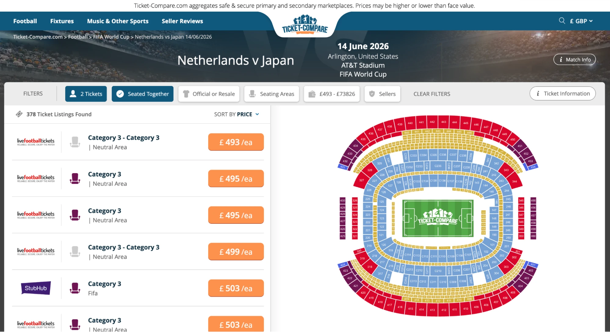 Screenshot of Netherlands v Japan tickets page on Ticket-Compare.com