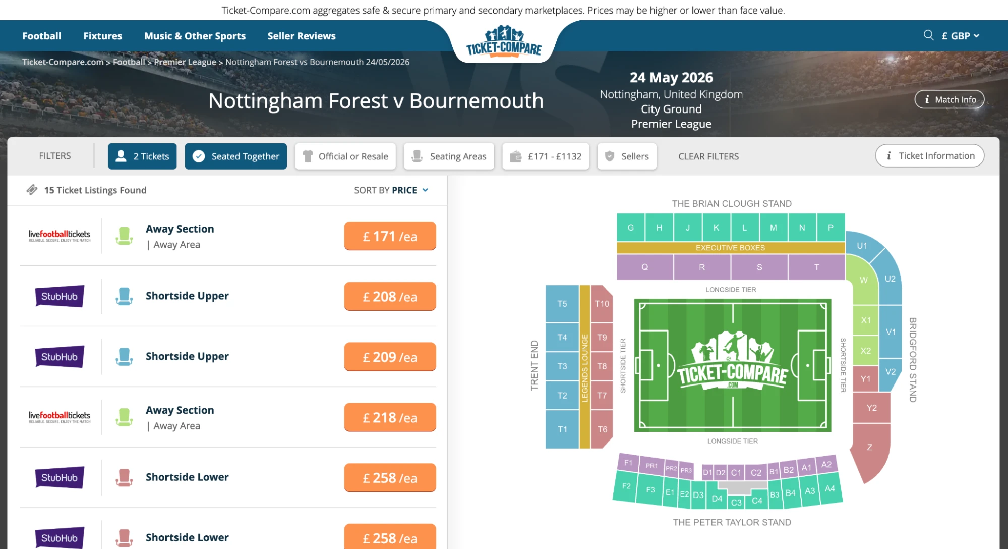 Screenshot of Nottingham Forest v Bournemouth tickets page on Ticket-Compare.com