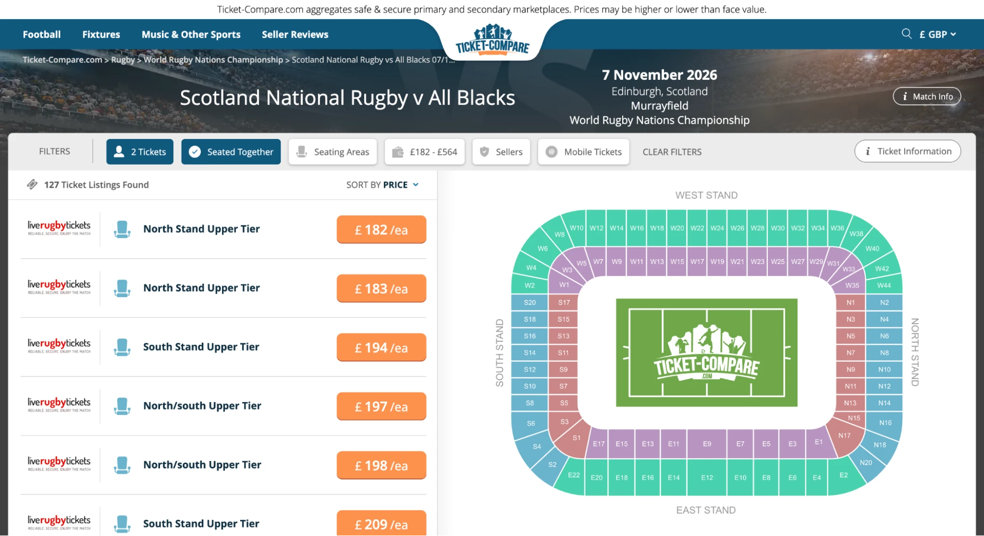 Screenshot of Scotland National Rugby v All Blacks tickets page on Ticket-Compare.com