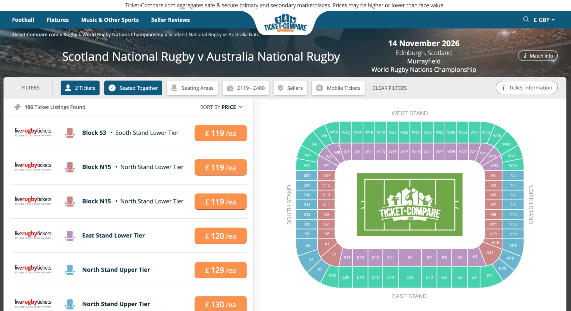 Screenshot of Scotland National Rugby v Australia National Rugby tickets page on Ticket-Compare.com