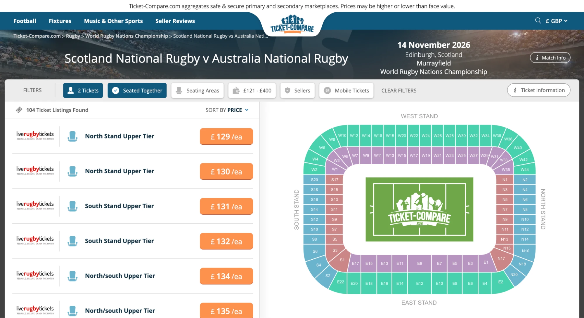 Screenshot of Scotland National Rugby v Australia National Rugby tickets page on Ticket-Compare.com