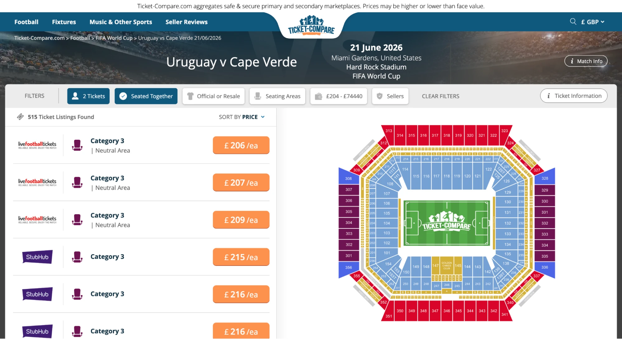 Screenshot of Uruguay v Cape Verde tickets page on Ticket-Compare.com