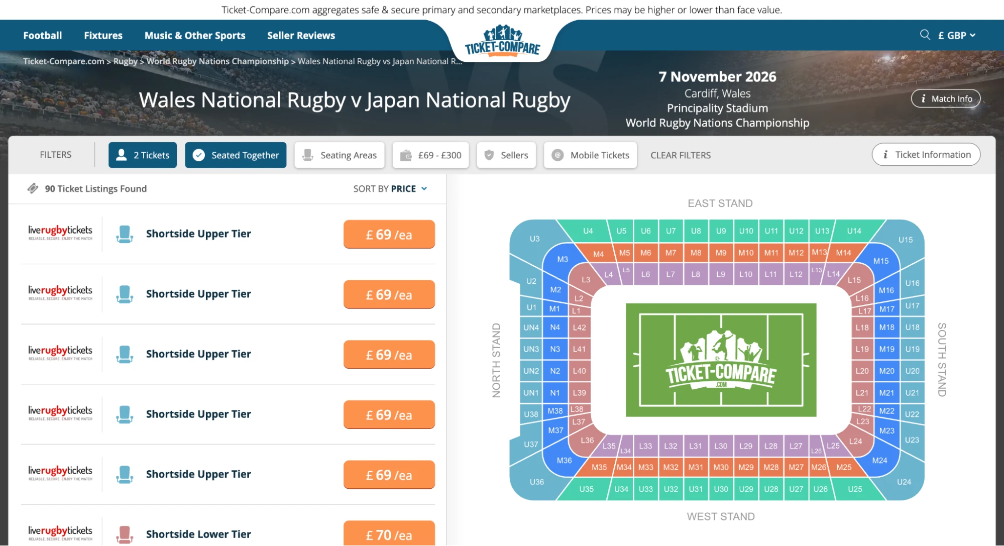 Screenshot of Wales National Rugby v Japan National Rugby tickets page on Ticket-Compare.com