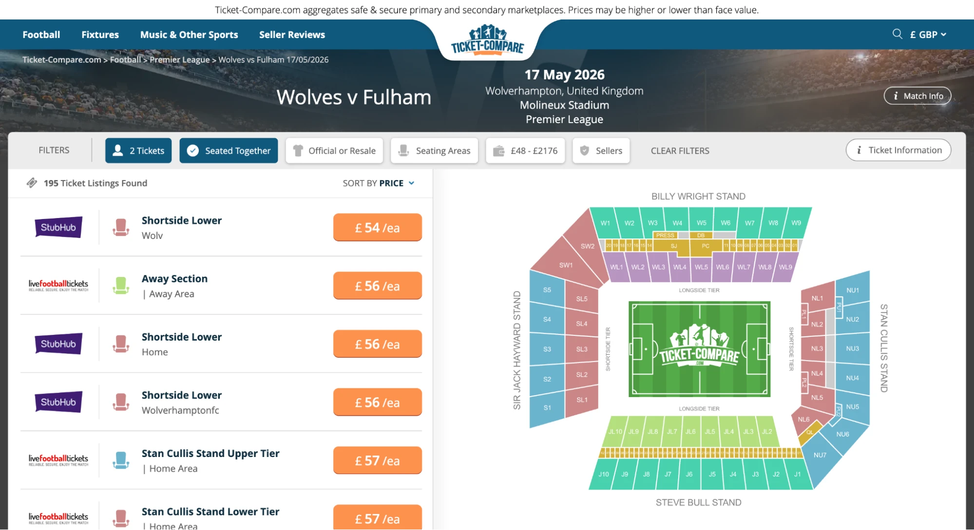 Screenshot of Wolves v Fulham tickets page on Ticket-Compare.com