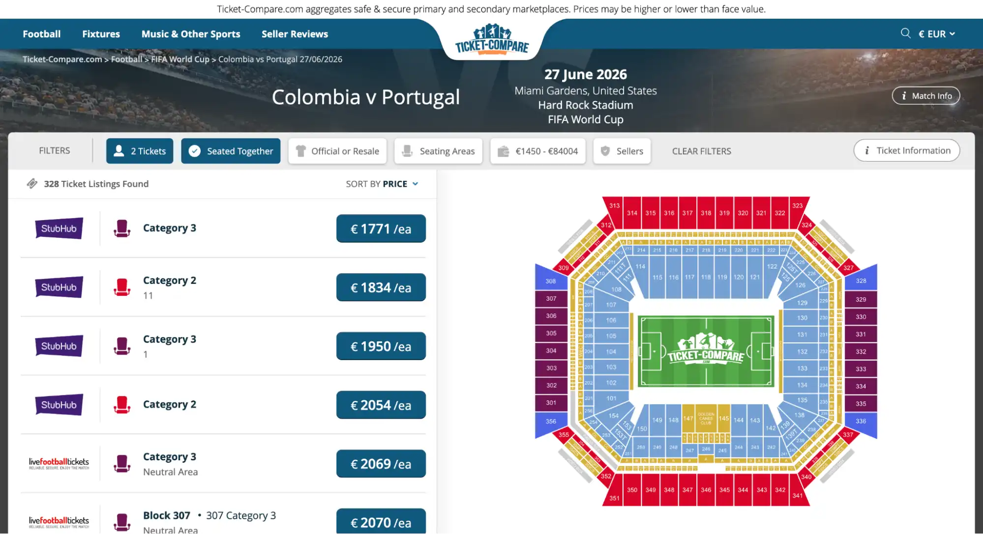 screenshot of Colombia vs Portugal match tickets page on ticket-compare.com