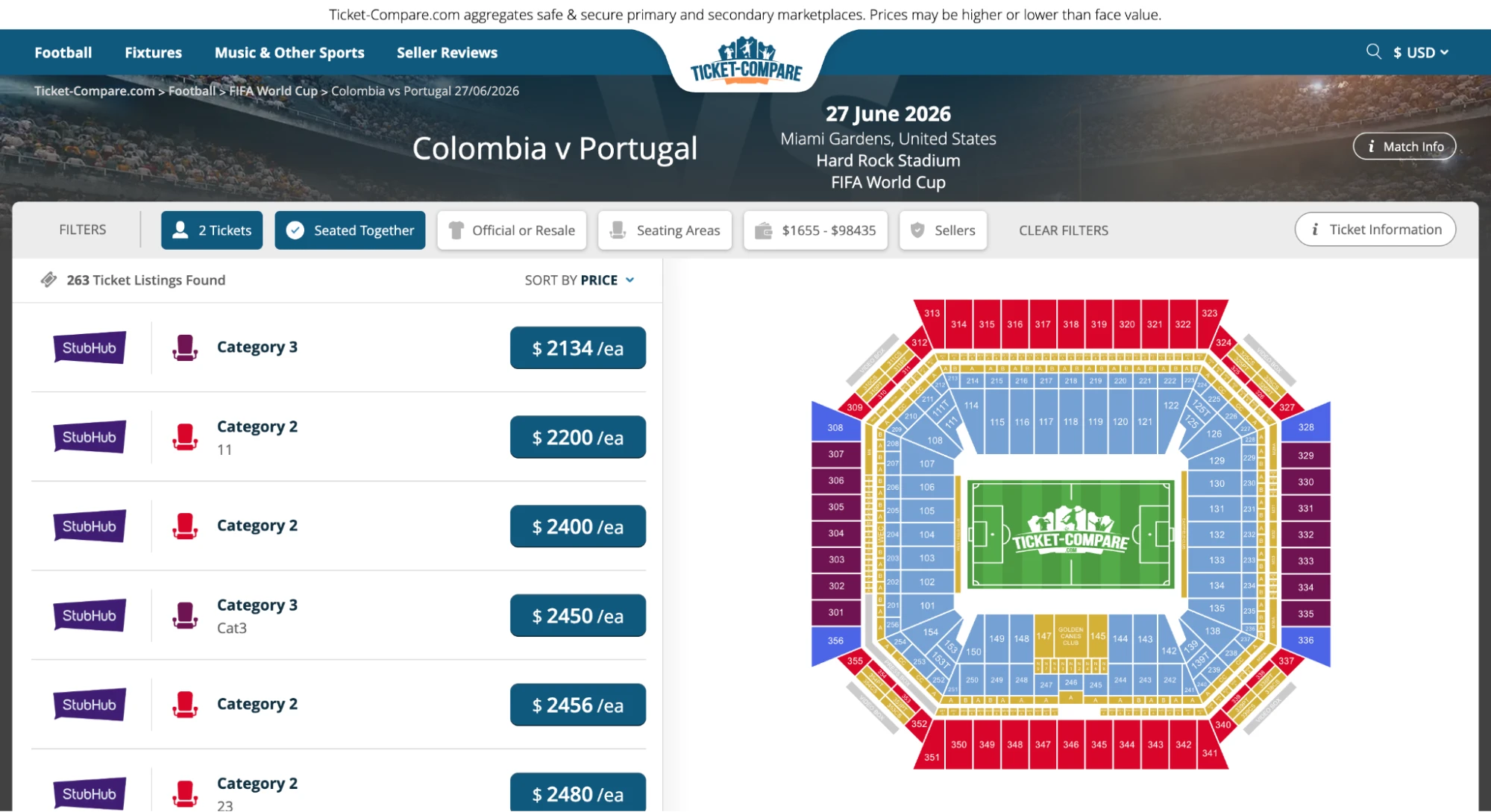 screenshot of Colombia vs Portugal match tickets page on ticket-compare.com