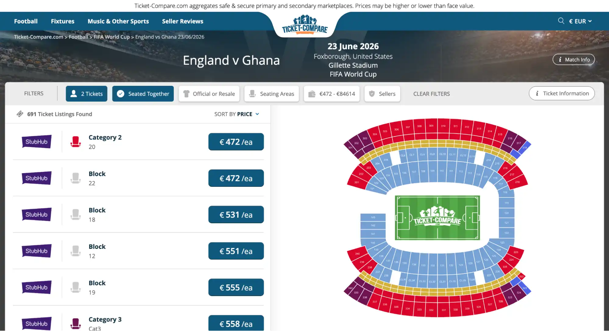 screenshot of England vs Ghana match tickets page on ticket-compare.com