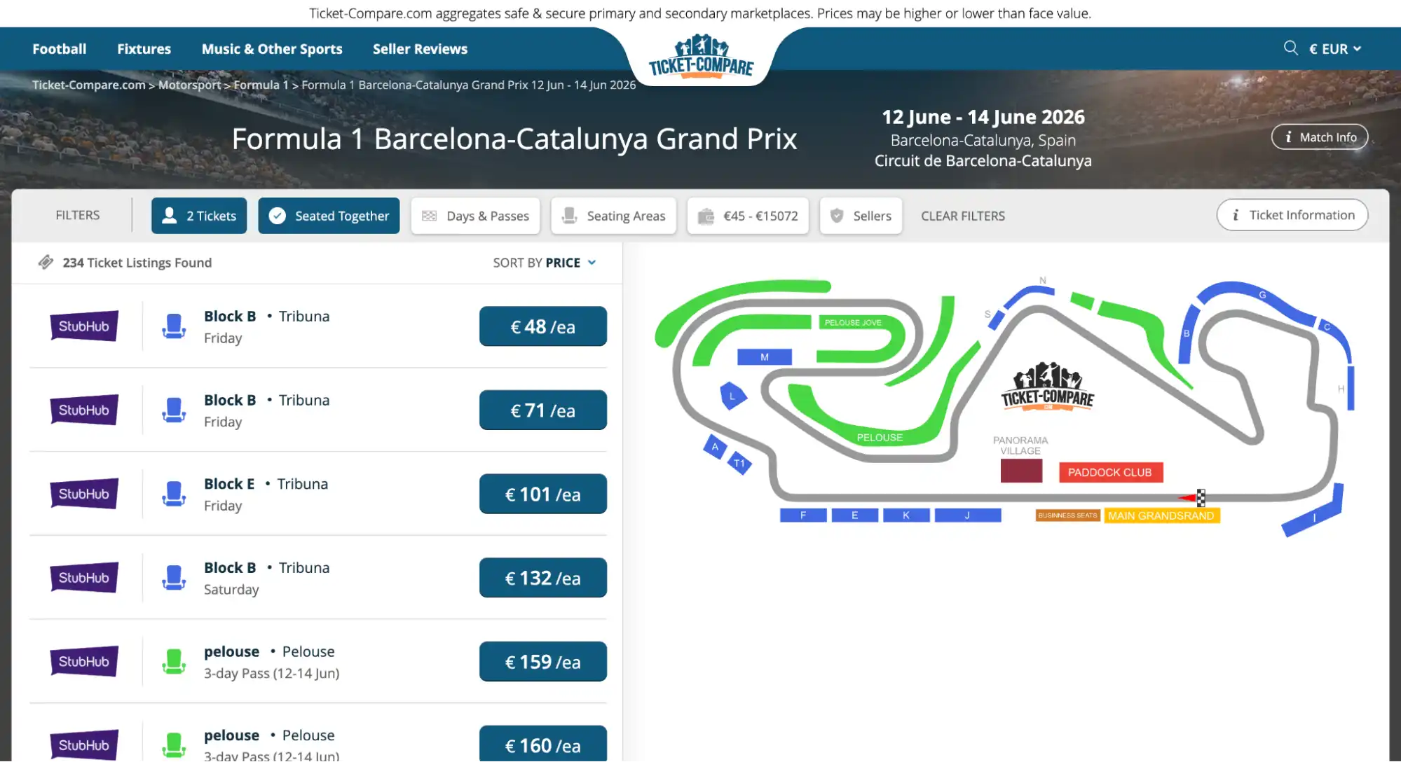 screenshot of Formula 1 Barcelona-Catalunya Grand Prix tickets page on ticket-compare.com