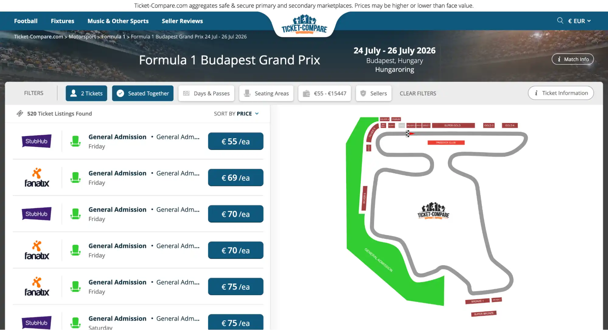 screenshot of Formula 1 Budapest Grand Prix tickets page on ticket-compare.com