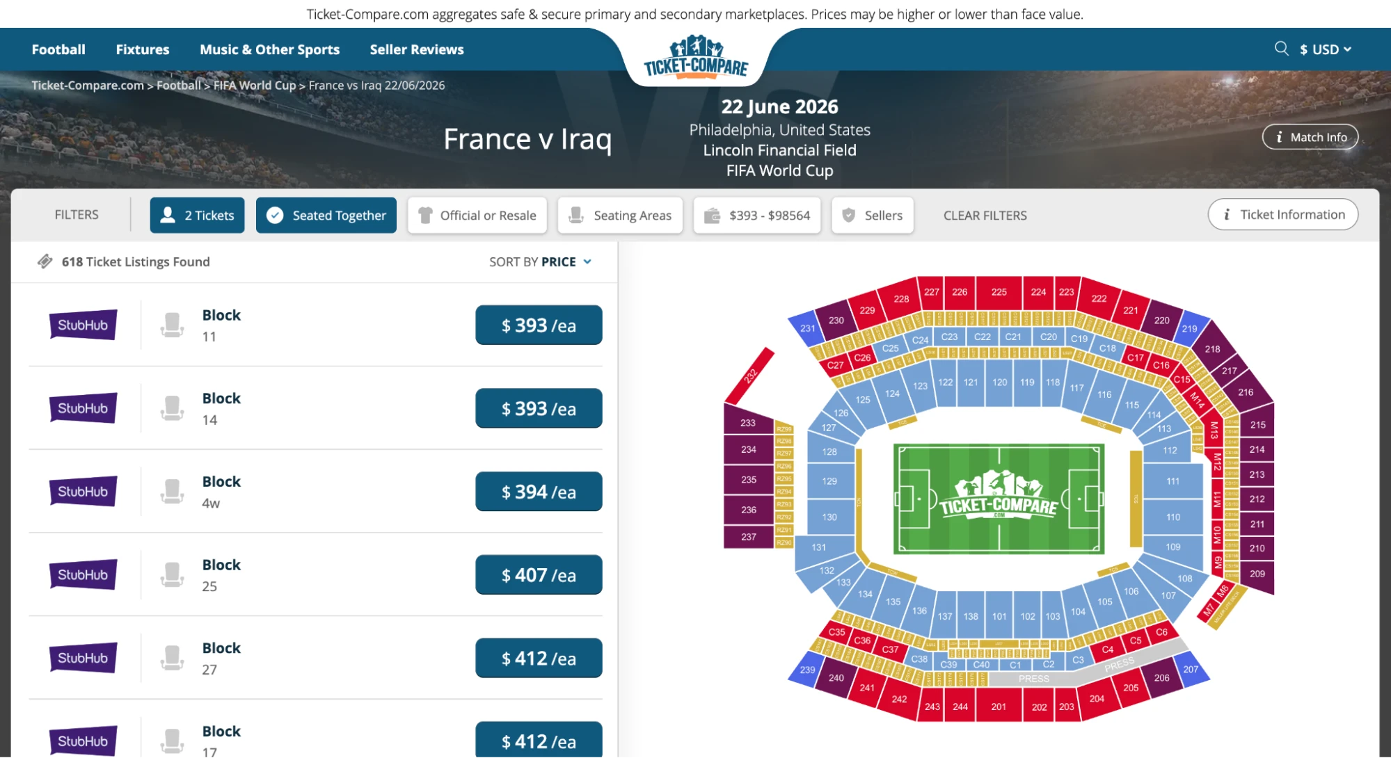screenshot of France vs Iraq match tickets page on ticket-compare.com