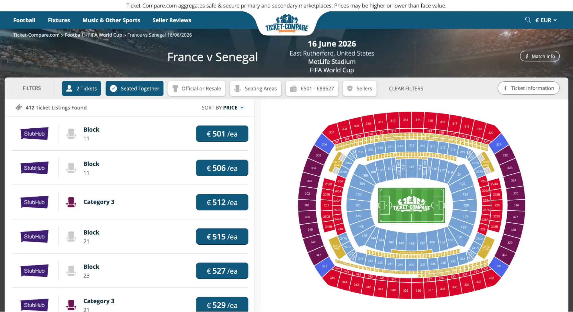 screenshot of France vs Senegal match tickets page on ticket-compare.com