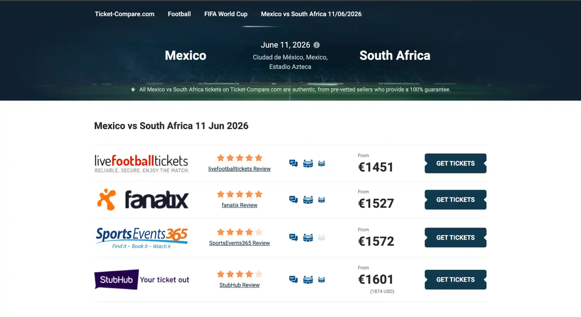 screenshot of Mexico vs South Africa match tickets page on ticket-compare.com
