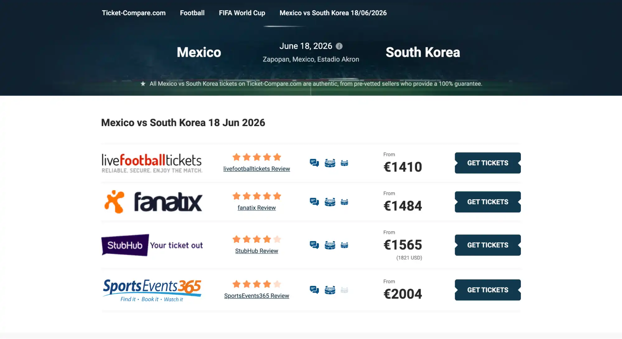 screenshot of Mexico vs South Korea match tickets page on ticket-compare.com