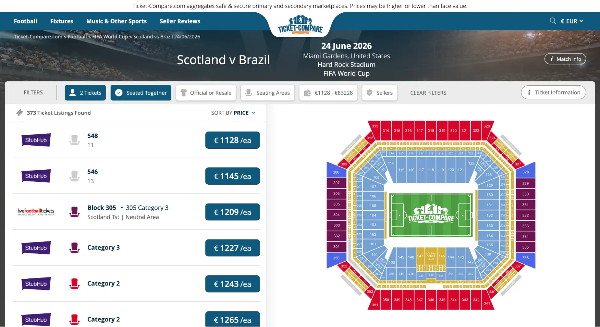 screenshot of Scotland vs Brazil match tickets page on ticket-compare.com