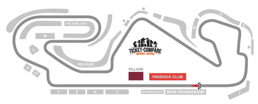 Screenshot of Circuit de Barcelona-Catalunya Seating plan with the Paddock Club and Panorama Village stands highlighted