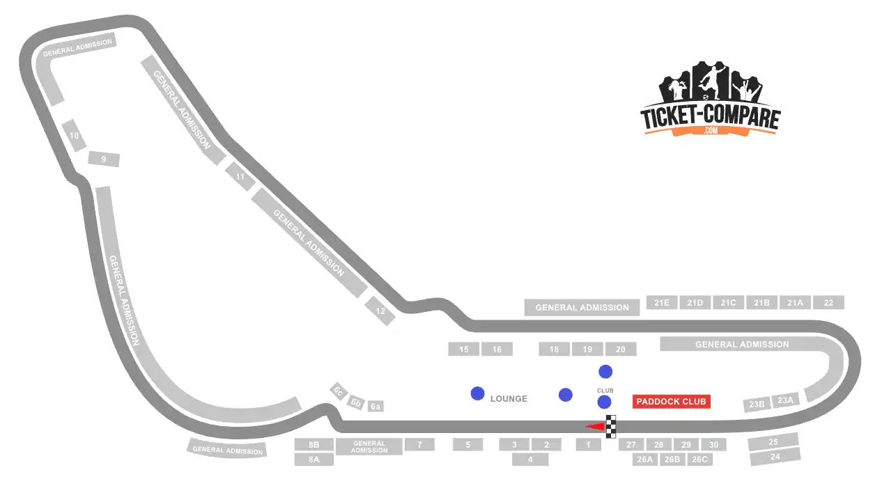 Screenshot of Monza Grand Prix Circuit Seating Plan with the Champions Club, Paddock Club, Fans Club, Garden Lounge and Race Club Grandstands highlighted