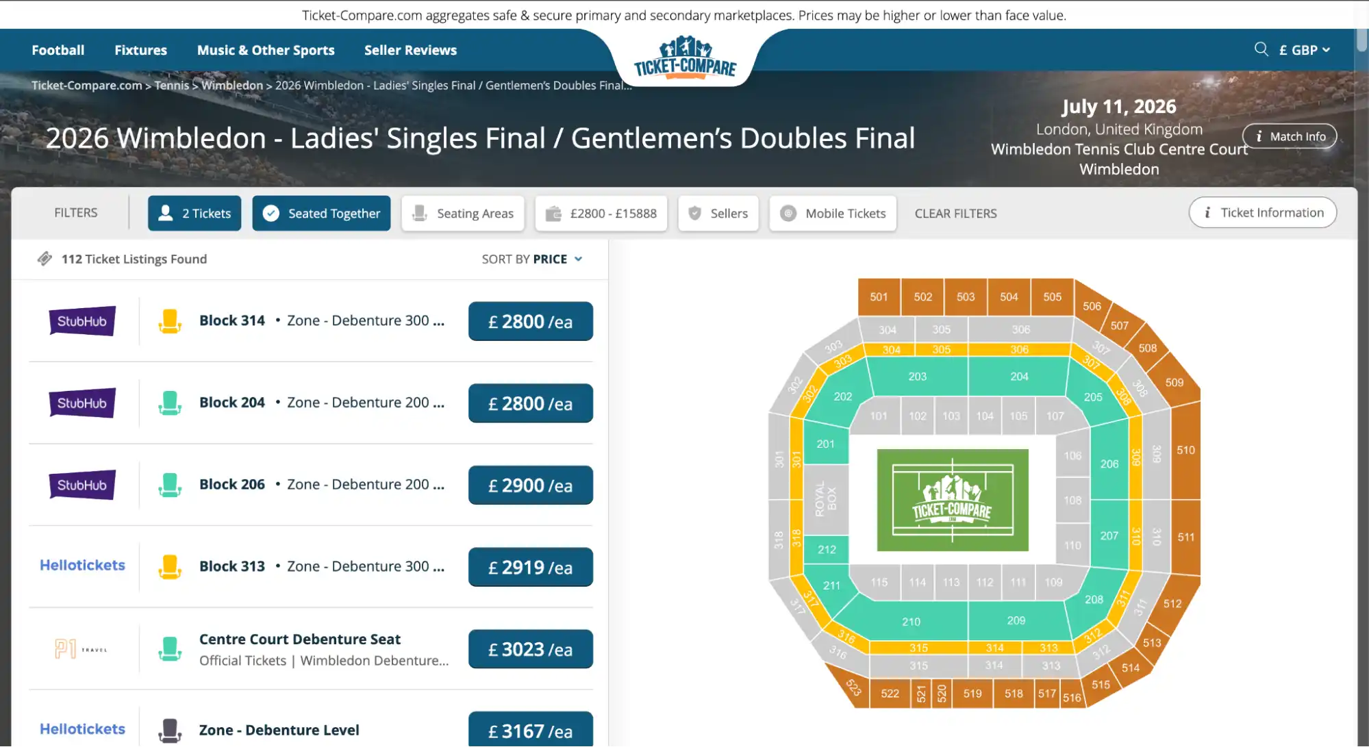 screenshot of 2026 Wimbledon - Ladies' Single Final: Gentlemen's Doubles Final match tickets page on ticket-compare.com