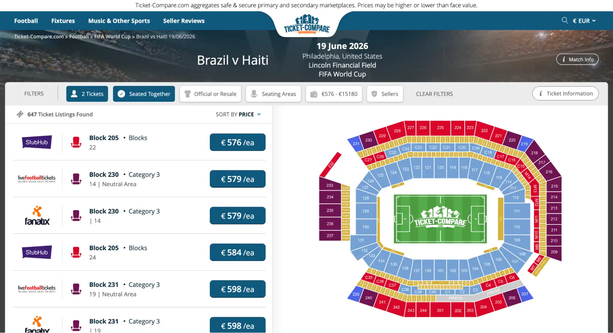 screenshot of Brazil vs Haiti match tickets page on ticket-compare.com