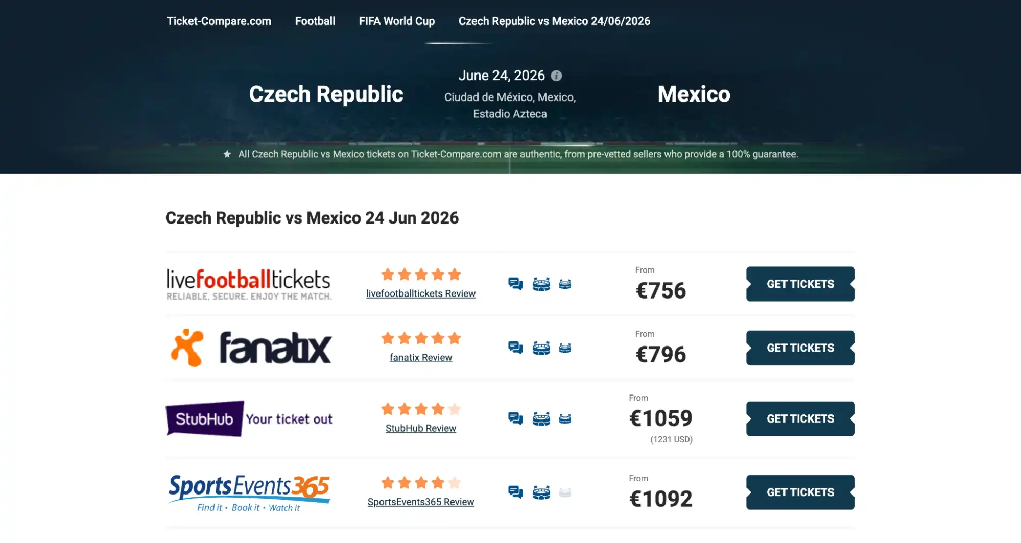 screenshot of Czech Republic vs Mexico match tickets page on ticket-compare.com