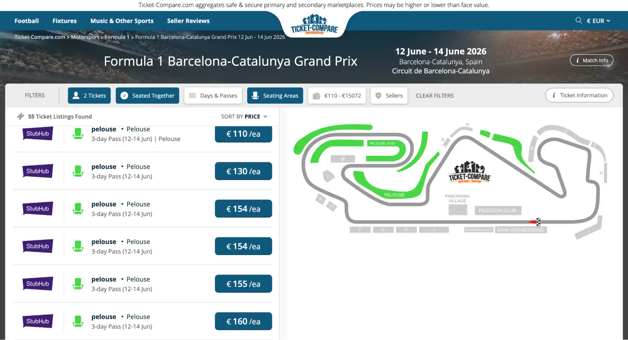 screenshot of Formula 1 Barcelona-Catalunya Grand Prix tickets page on ticket-compare.com