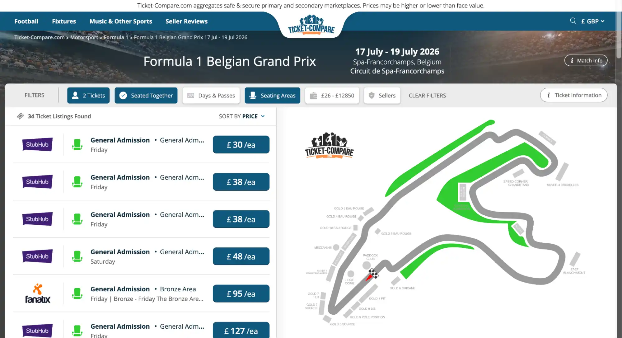 screenshot of Formula 1 Belgian Grand Prix General Admission tickets on ticket-compare.com